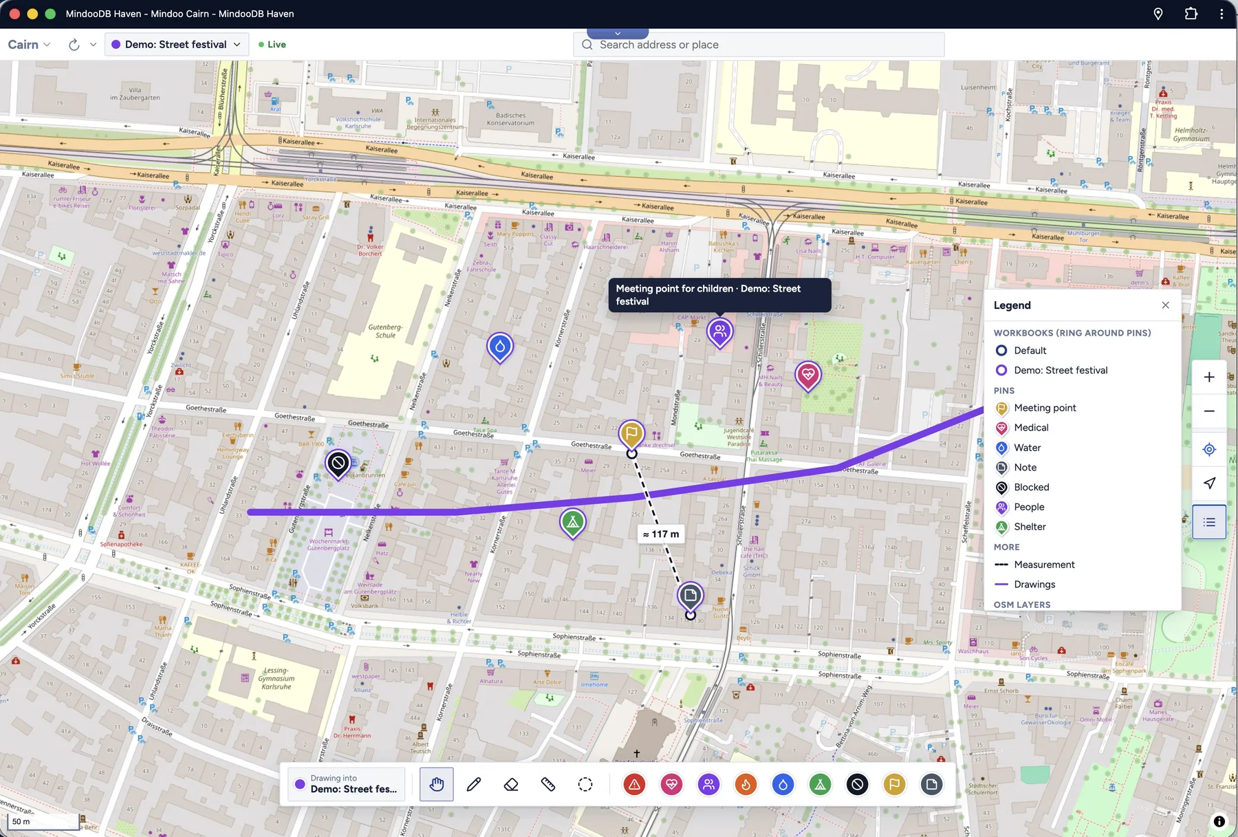 Planning a street festival: the parade route as a purple line, labelled meeting points and a legend explaining every layer