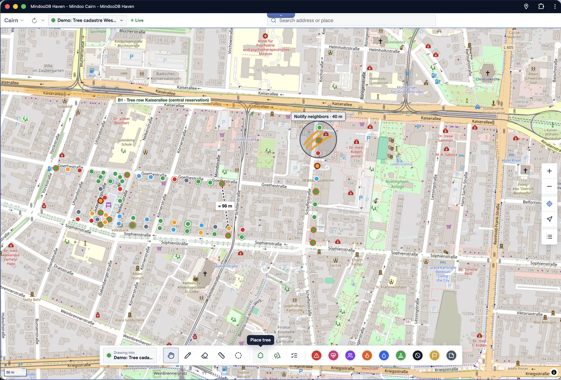 Mindoo Cairn as a tree inventory: a few streets in Karlsruhe with every tree as a dot coloured by its inspection status, a row of trees along the Kaiserallee recorded as a stand, a hand-drawn area, and two distance measurements