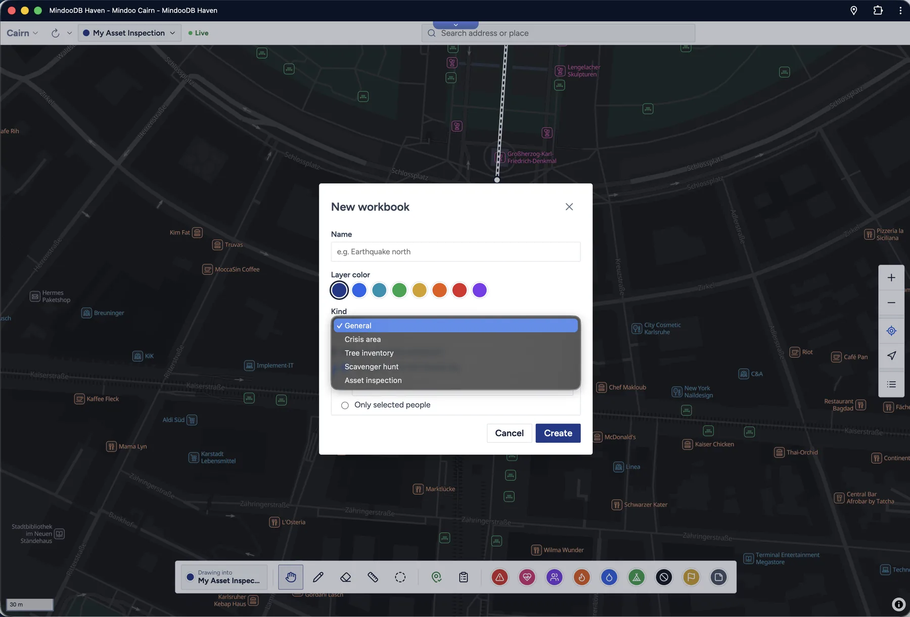 The New workbook dialog in dark mode with the list of workbook kinds: general map, crisis situation, tree inventory, asset inspection and scavenger hunt
