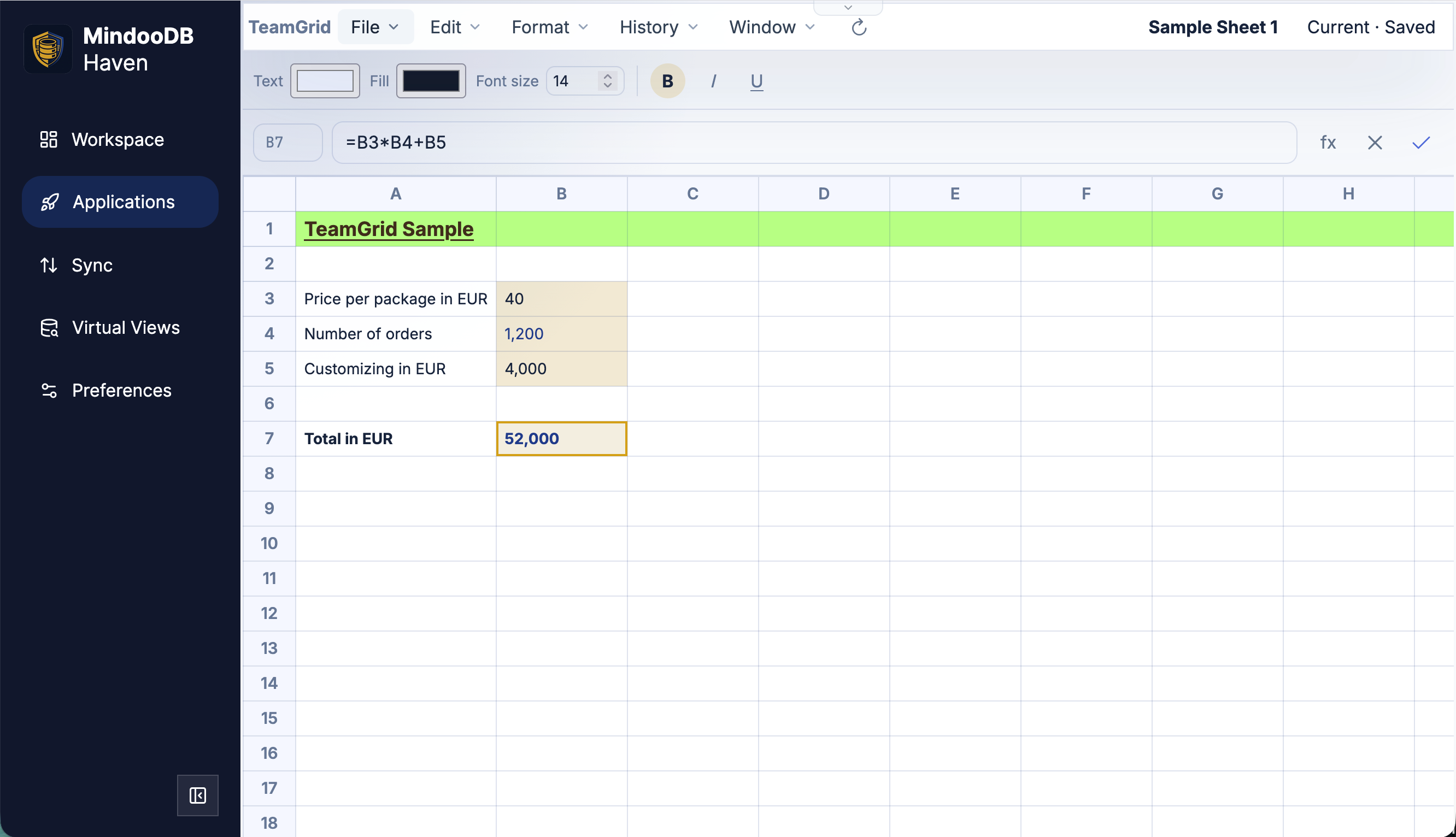 Mindoo TeamGrid editing a spreadsheet in MindooDB Haven