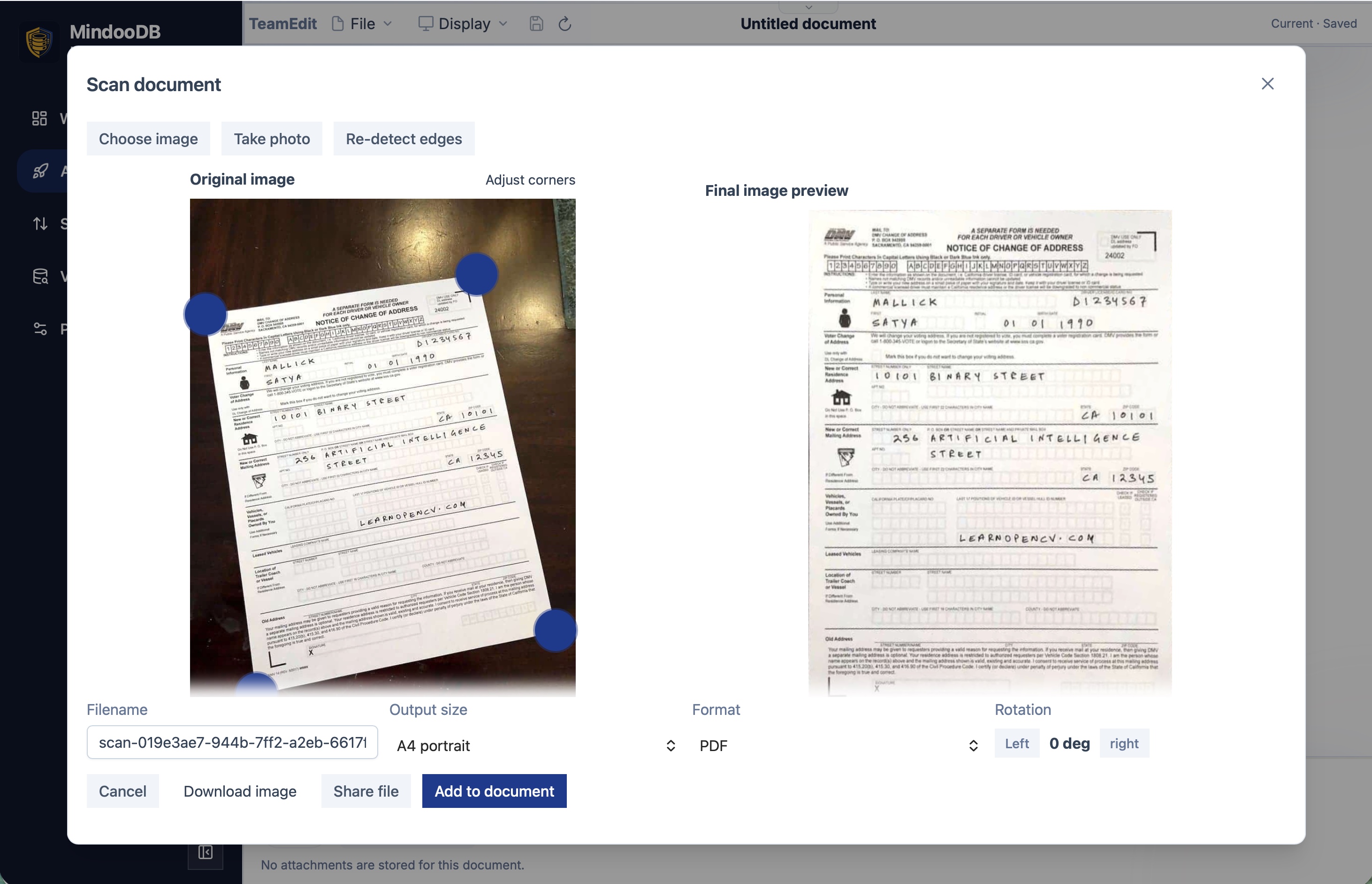 The Scan document dialog: the original photo on the left with four large adjustable corner handles, the deskewed final preview on the right, and controls for filename, output size, format and rotation underneath. Cancel, Download image, Share file and Add to document sit in the bottom row
