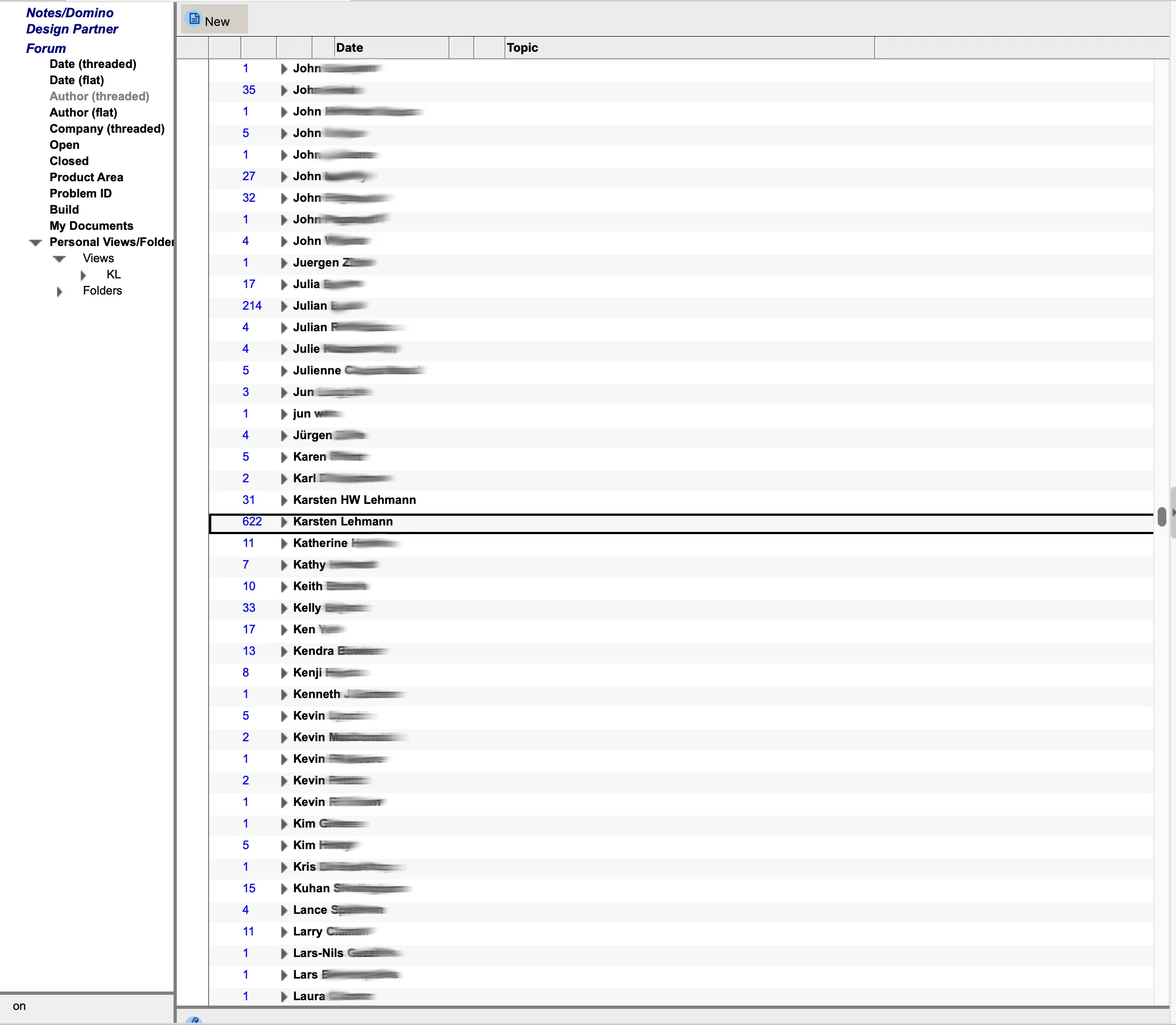 The Notes/Domino Design Partner Forum in its "Author (threaded)" view: a list of forum members with their first names visible and last names blurred, each with a post count. Most have between 1 and 35 posts, one has 214, and the highlighted row "Karsten Lehmann" shows 622