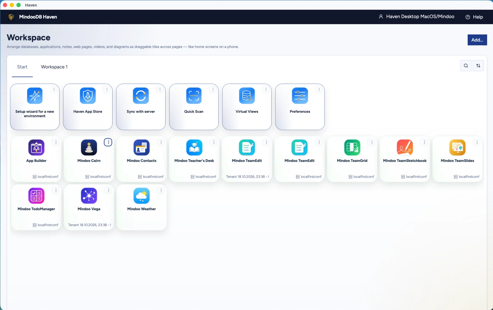 The Start tab of a Haven Desktop workspace: a first row of tiles for the setup wizard, the Haven App Store, Sync with server, Quick Scan, Virtual Views and Preferences, and below it launchers for the installed apps - App Builder, Mindoo Cairn, Contacts, Teacher's Desk, TeamEdit, TeamGrid, TeamSketchbook, TeamSlides, TodoManager, Mindoo Vega and Mindoo Weather