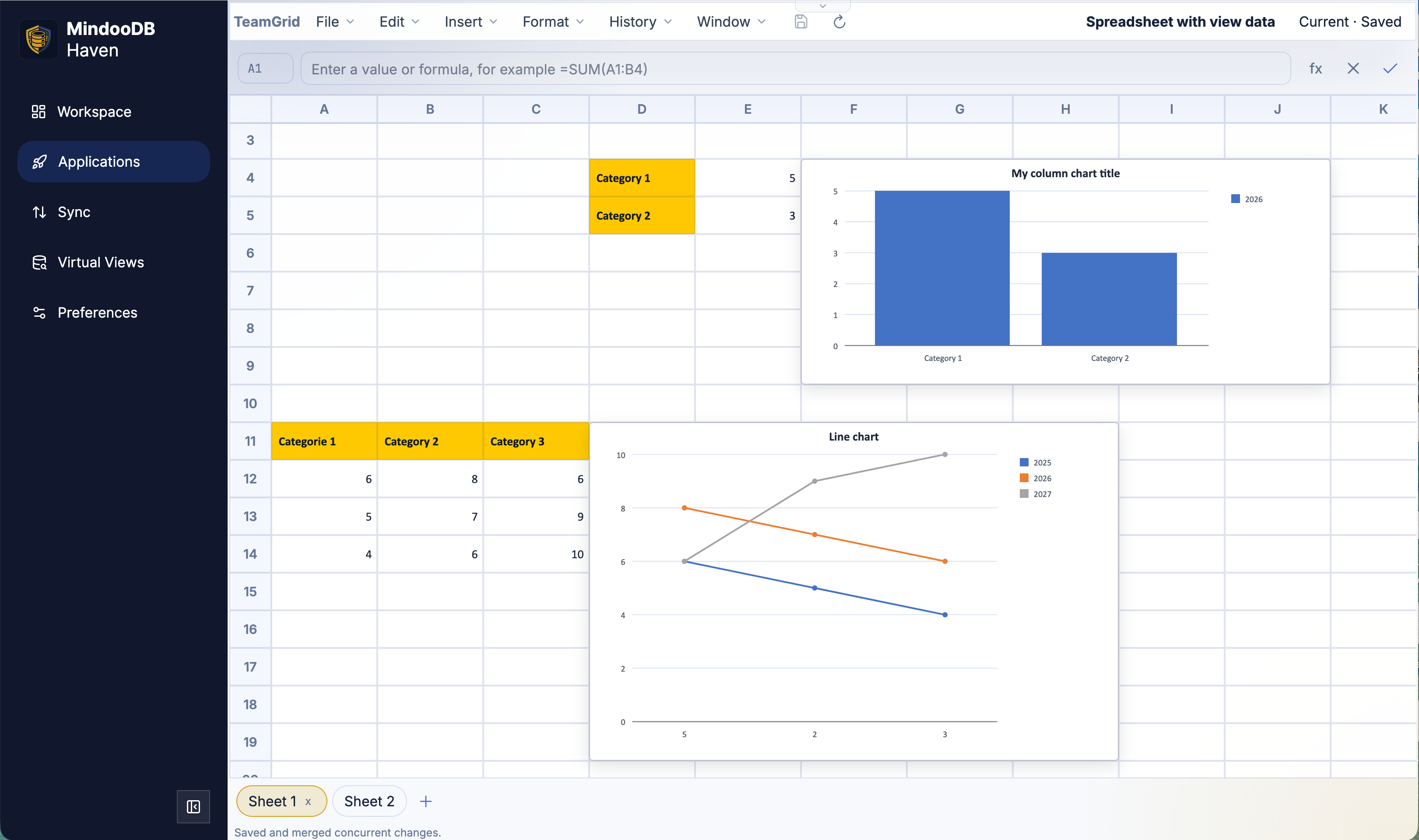 A TeamGrid workbook with two embedded charts on the same worksheet - a Column chart over a two-row, two-category data range on top, and a Line chart with three yearly series (2025, 2026, 2027) over three categories below it. The category cells the charts read from are highlighted in yellow