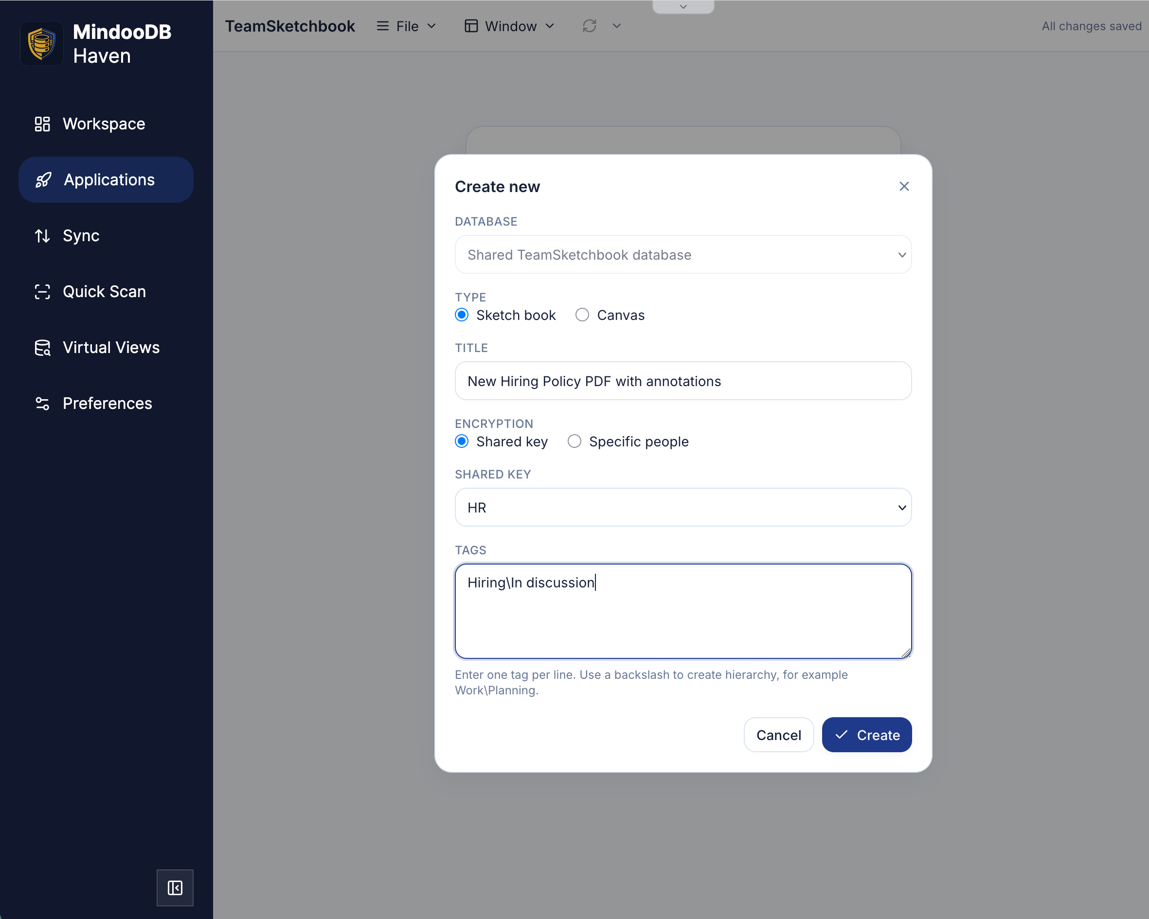 The TeamSketchbook "Create new" dialog: a sketch book titled "New Hiring Policy PDF with annotations", with Encryption set to Shared key and the HR key selected