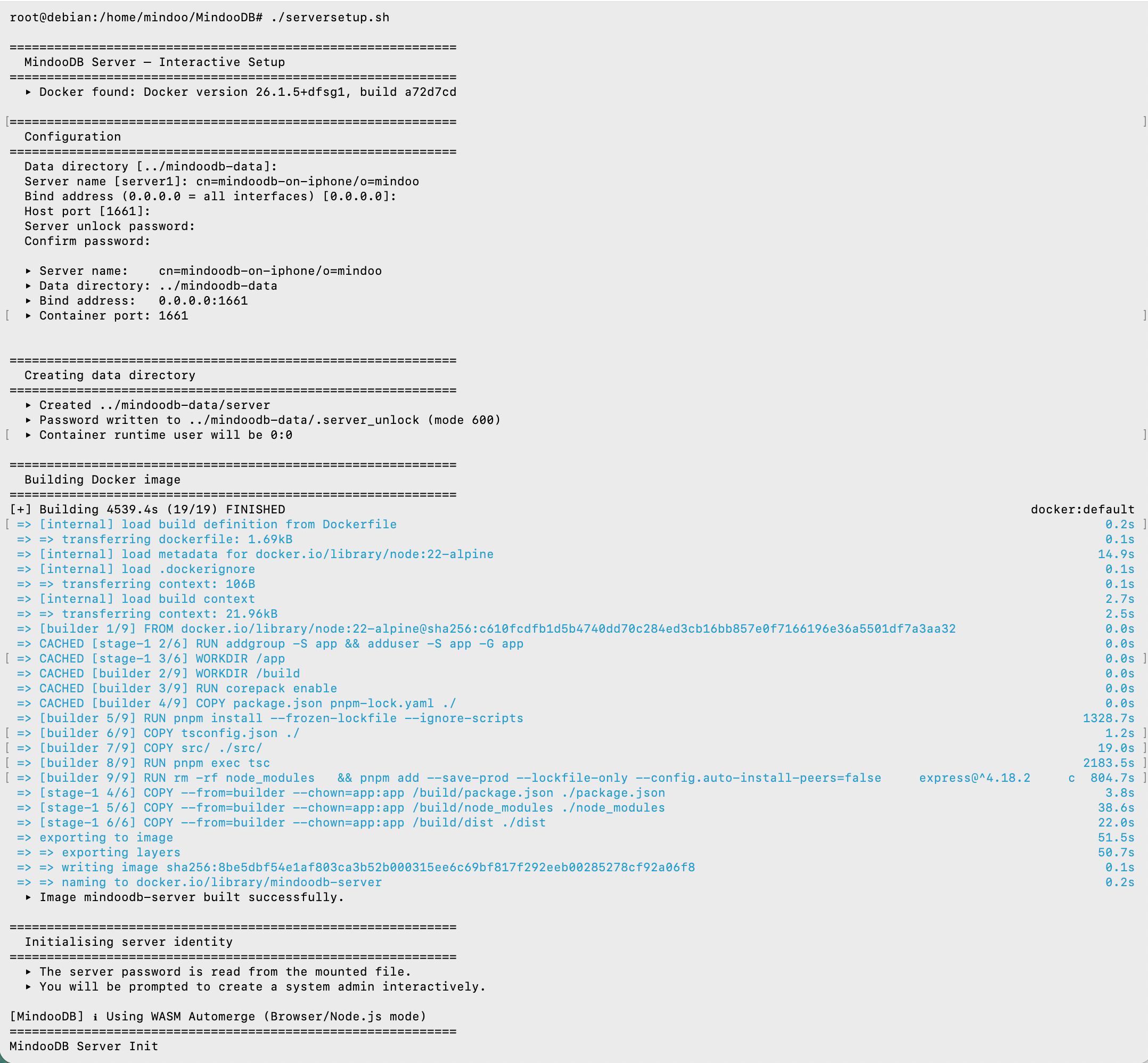 The interactive serversetup.sh run in the VM: configuration for server name cn=mindoodb-on-iphone/o=mindoo on 0.0.0.0:1661, then the Docker build log reporting "Building 4539.4s (19/19) FINISHED", with pnpm install taking 1328.7s and the TypeScript compile 2183.5s, ending with "Image mindoodb-server built successfully"