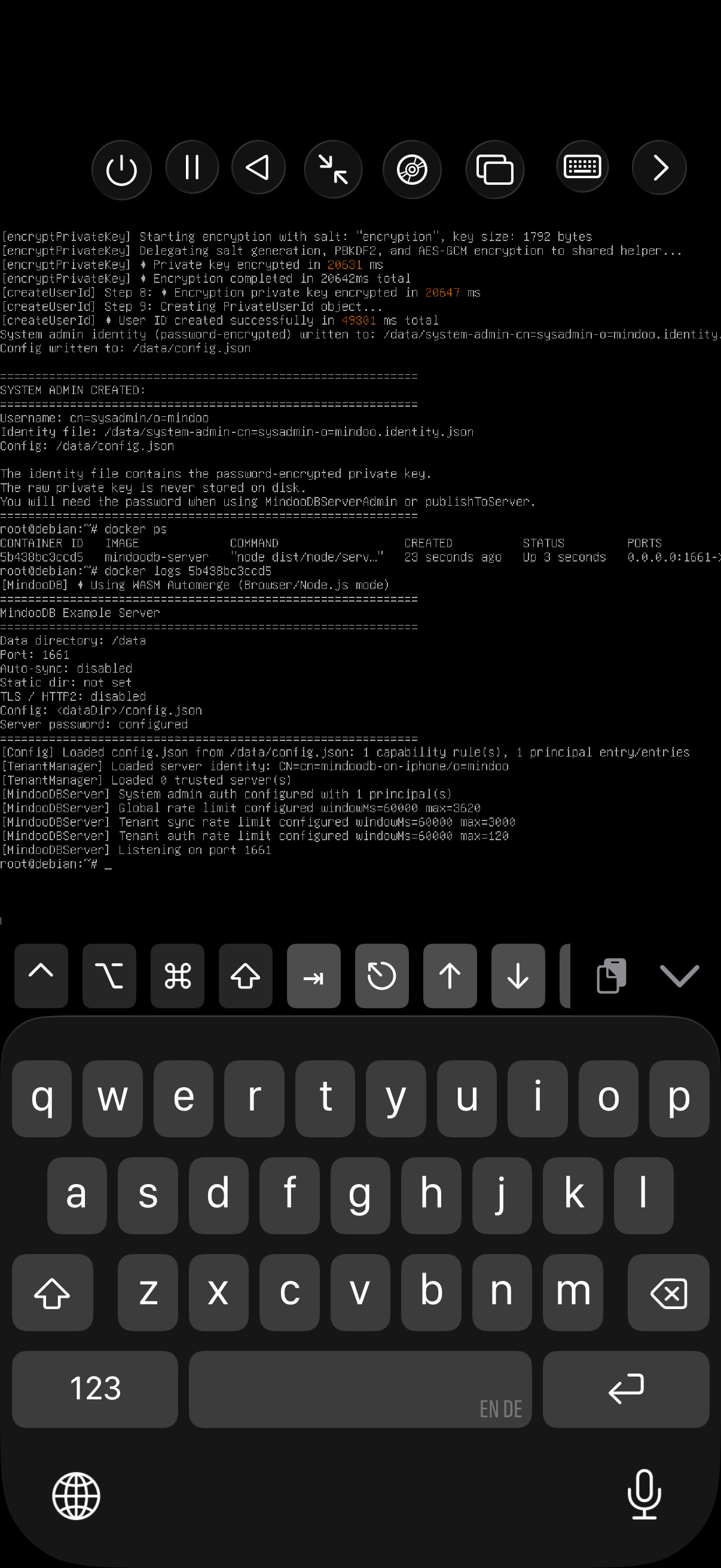The iPhone screen inside UTM SE: docker ps showing the mindoodb-server container up 3 seconds on port 0.0.0.0:1661, followed by the server log - data directory /data, port 1661, auto-sync disabled, config loaded with one capability rule, zero trusted servers, rate limits configured, and "Listening on port 1661" - with the iOS on-screen keyboard below