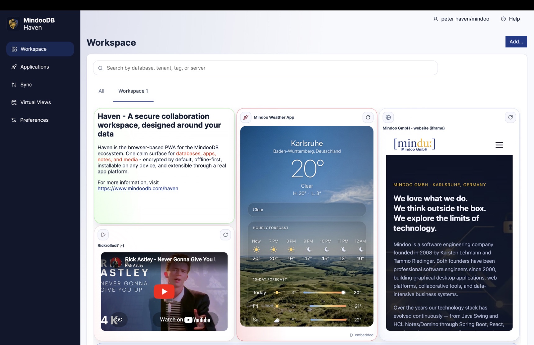The upper part of a Haven workspace tab: a note tile describing Haven, the Mindoo Weather app running embedded, an iframe showing the Mindoo GmbH website, and a YouTube tile