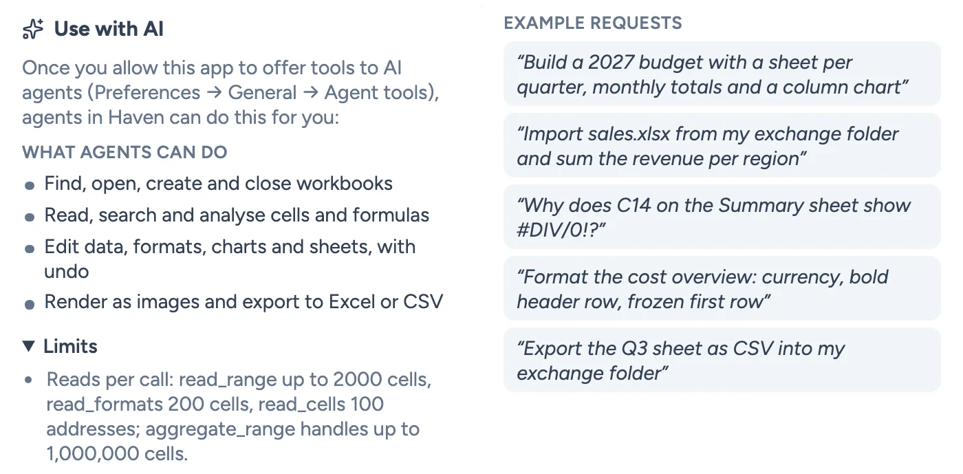 The Use with AI section on TeamGrid's page in the Haven App Store. It says that once the app may offer tools to AI agents, agents can find, open, create and close workbooks; read, search and analyse cells and formulas; edit data, formats, charts and sheets, with undo; and render sheets as images and export to Excel or CSV. Beside it are example requests such as "Build a 2027 budget with a sheet per quarter, monthly totals and a column chart" and "Why does C14 on the Summary sheet show #DIV/0!?". Under the capabilities, the expanded Limits list starts with how many cells a single call may read