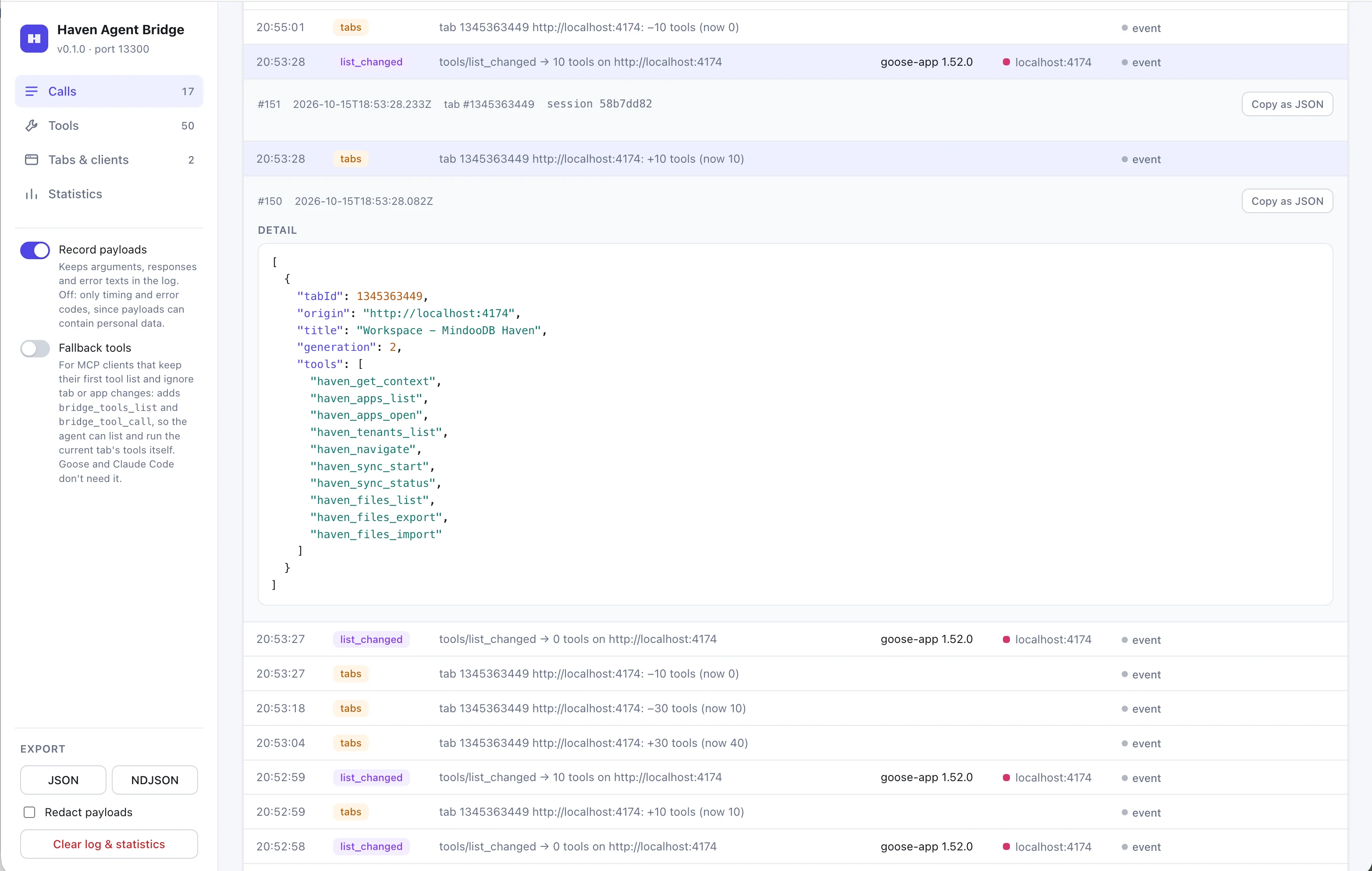 The Calls view of the bridge's debug GUI: a log of every tool call with client, tab, status, duration and response size, with protocol events such as tool list changes interleaved; one expanded row shows its details