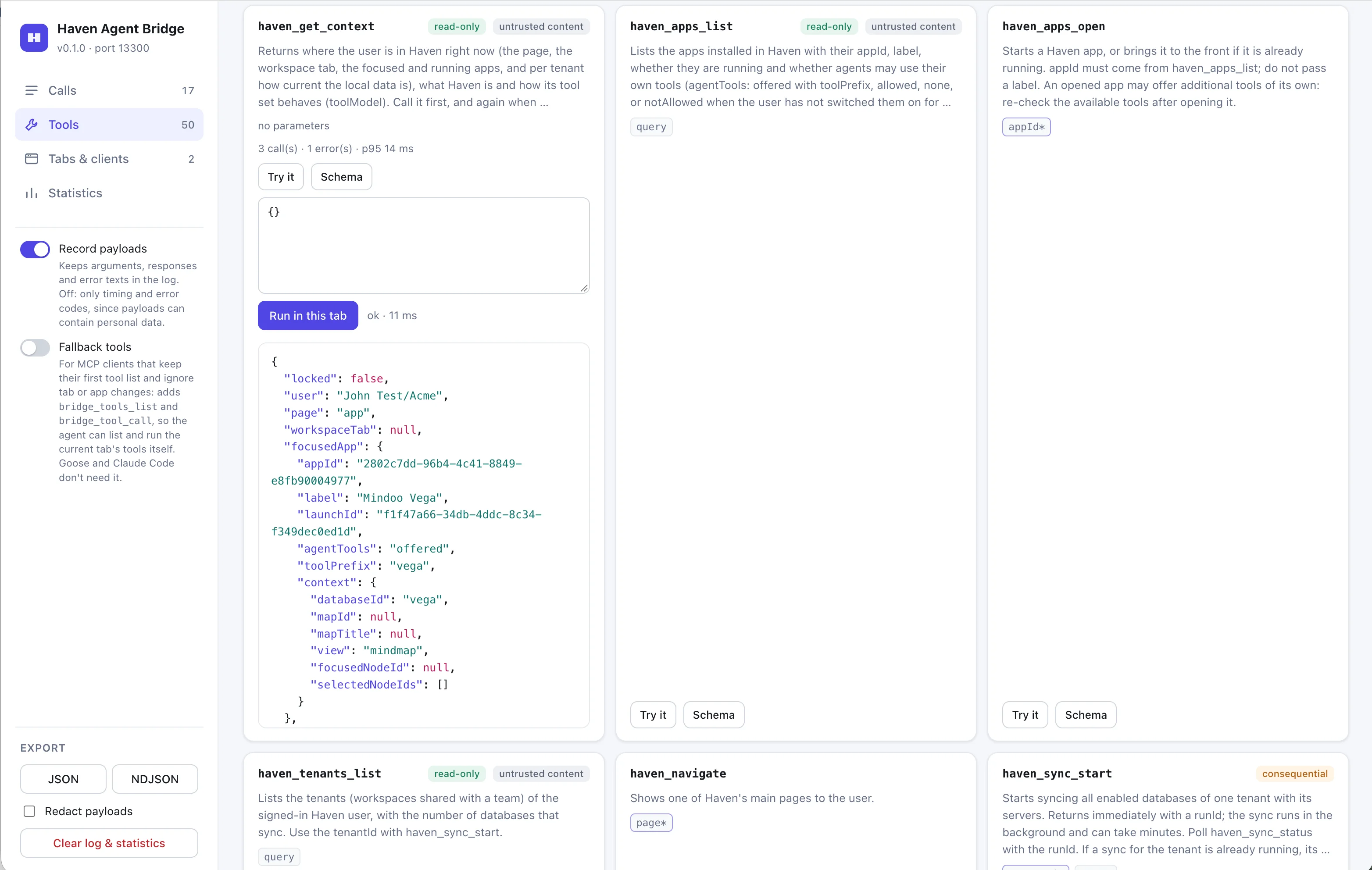 The Tools view of the debug GUI: cards for haven_get_context, haven_apps_list, haven_apps_open and more with read-only and consequential badges, and a Try it result showing the JSON returned by haven_get_context