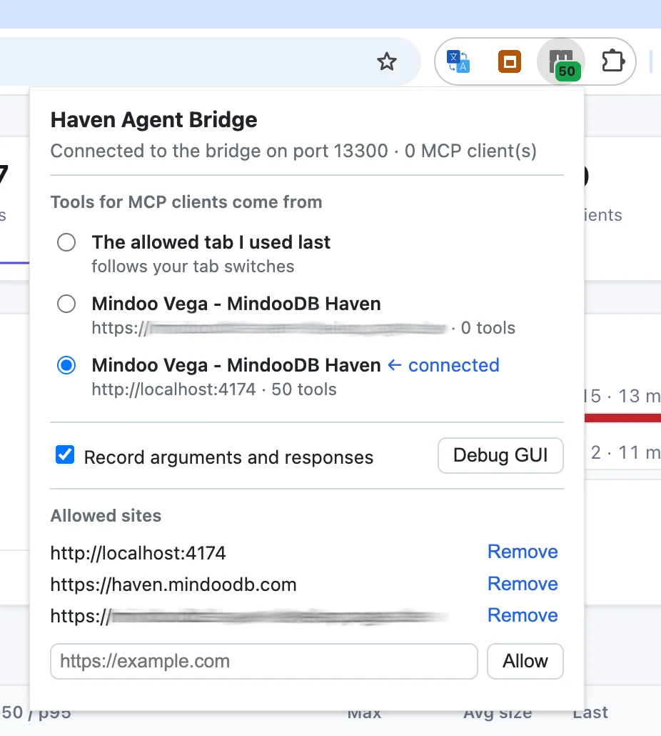 The popup of the Haven Agent Bridge extension in Chrome, connected to the bridge on port 13300: which tab supplies the tools, the option to record arguments and responses, a button for the debug GUI and the list of allowed sites