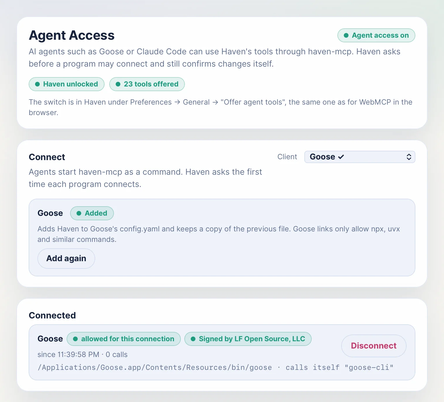 The Agent access window of Haven Desktop: agent access is on, Haven is unlocked and 23 tools are offered. Under Connect, goose is selected and marked as added to its configuration. Under Connected, goose appears as allowed for this connection and signed by LF Open Source, LLC, with its program path and a Disconnect button