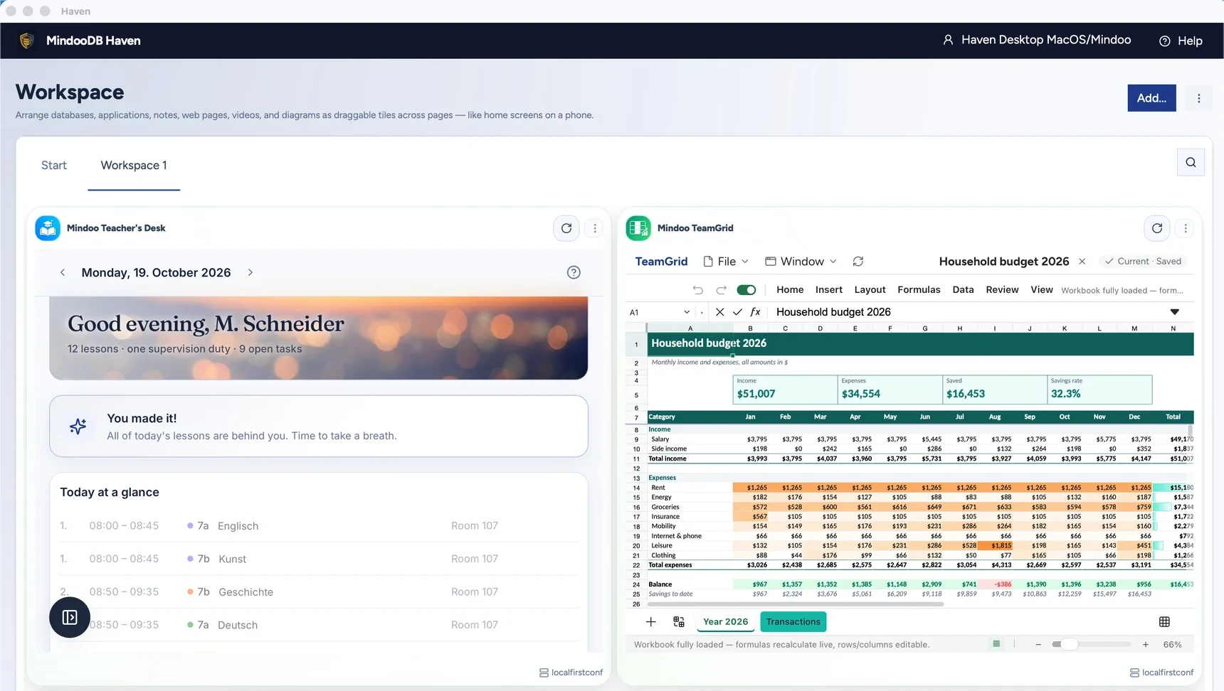 The top of a Haven Desktop workspace page with two apps running side by side: Mindoo Teacher's Desk showing the day's lessons next to a household budget in Mindoo TeamGrid