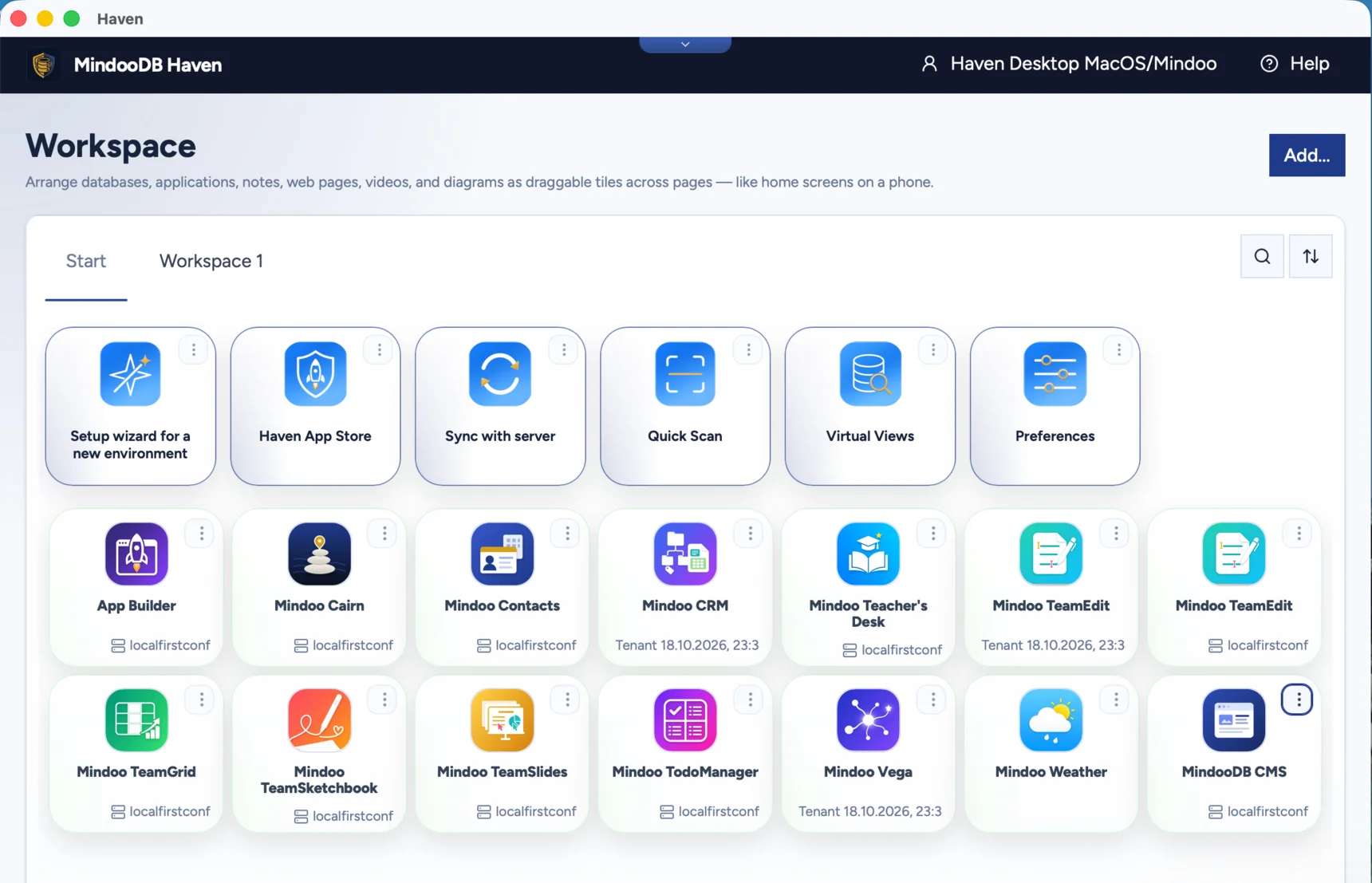 The Start tab of a Haven Desktop workspace: a first row of tiles for the setup wizard, the Haven App Store, Sync with server, Quick Scan, Virtual Views and Preferences, and below it launchers for the installed apps - App Builder, Mindoo Cairn, Contacts, CRM, Teacher's Desk, TeamEdit, TeamGrid, TeamSketchbook, TeamSlides, TodoManager, Mindoo Vega, Mindoo Weather and MindooDB CMS