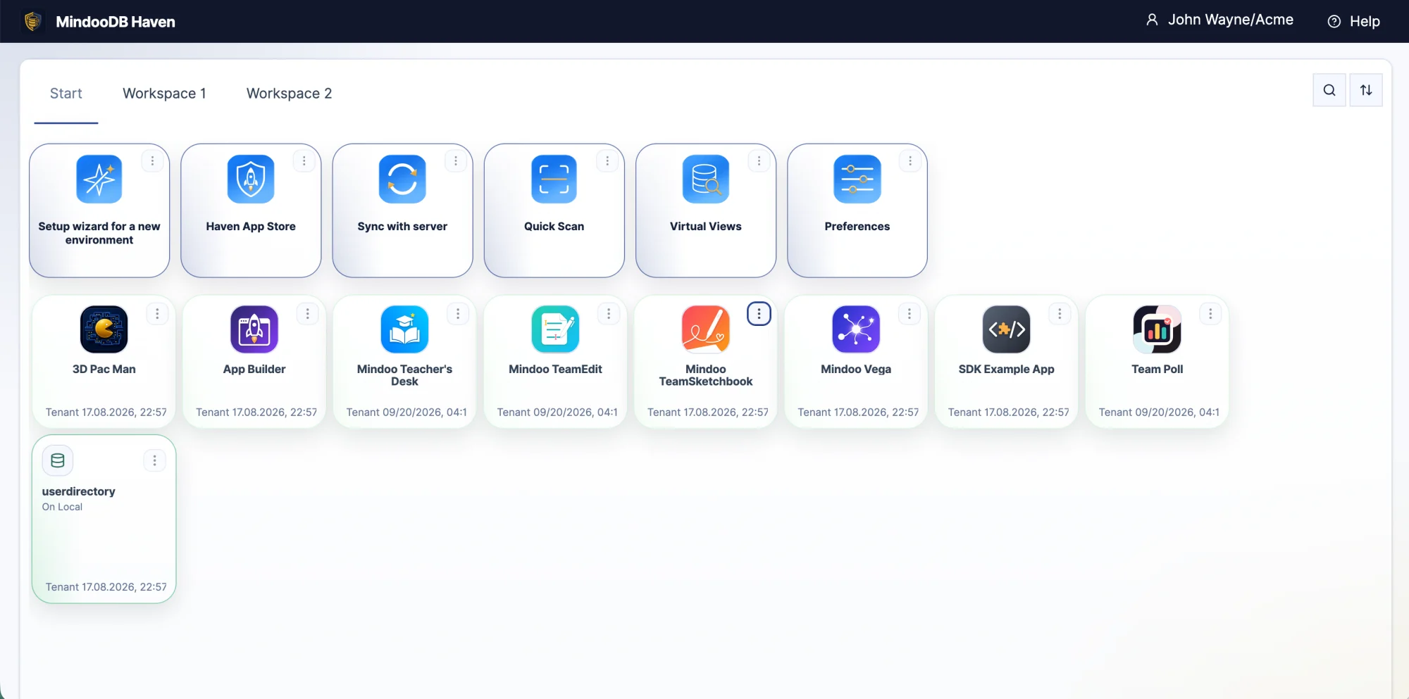 The Haven workspace without a sidebar, on its automatically generated Start tab next to the user's own tabs Workspace 1 and Workspace 2, with search and sort-order buttons at the top right. A first row of tiles holds the Haven views - Setup wizard for a new environment, Haven App Store, Sync with server, Quick Scan, Virtual Views and Preferences. A second row holds the installed apps - 3D Pac Man, App Builder, Mindoo Teacher's Desk, Mindoo TeamEdit, Mindoo TeamSketchbook, Mindoo Vega, SDK Example App and Team Poll, each showing the tenant it belongs to - and below them a userdirectory database tile marked "On Local"